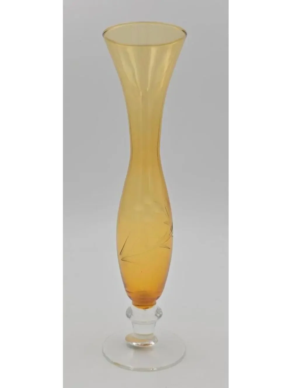Vintage HTC Amber Cut Glass Etched Decorative Vase w/ Original Sticker